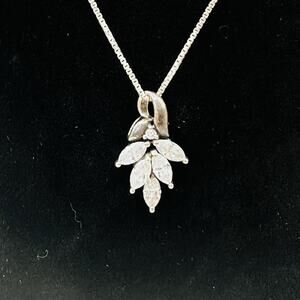 Vintage Sterling Silver Leaf Design CZ Pendant Necklace Signed P. Ster 18" FIRE